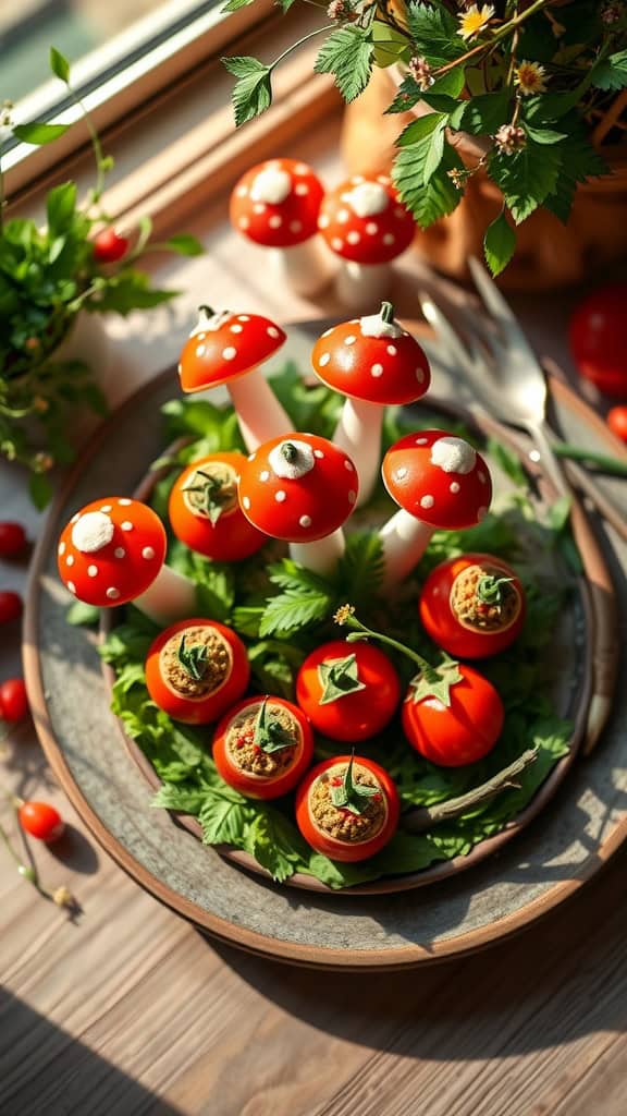 Stuffed cherry tomatoes designed to look like whimsical toadstools, perfect for a fairy-themed party.