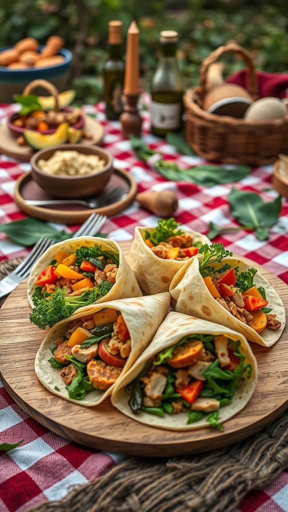 Delicious wraps filled with fresh vegetables and grilled chicken, perfect for a woodland picnic.