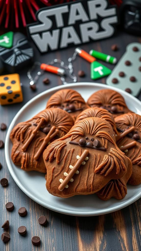 Chewbacca-themed cookies decorated with chocolate and white chocolate, perfect for a Star Wars party.