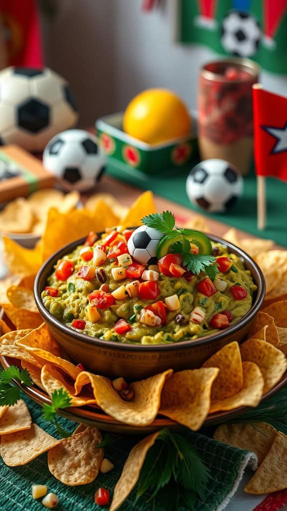 A bowl of guacamole surrounded by tortilla chips, perfect for a soccer party.