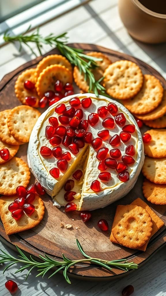 Baked Brie topped with pomegranate seeds served with crackers.