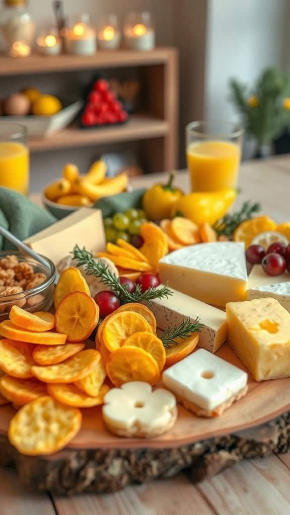 A yellow-themed food board featuring cheeses, fruits, and snacks for a party spread.