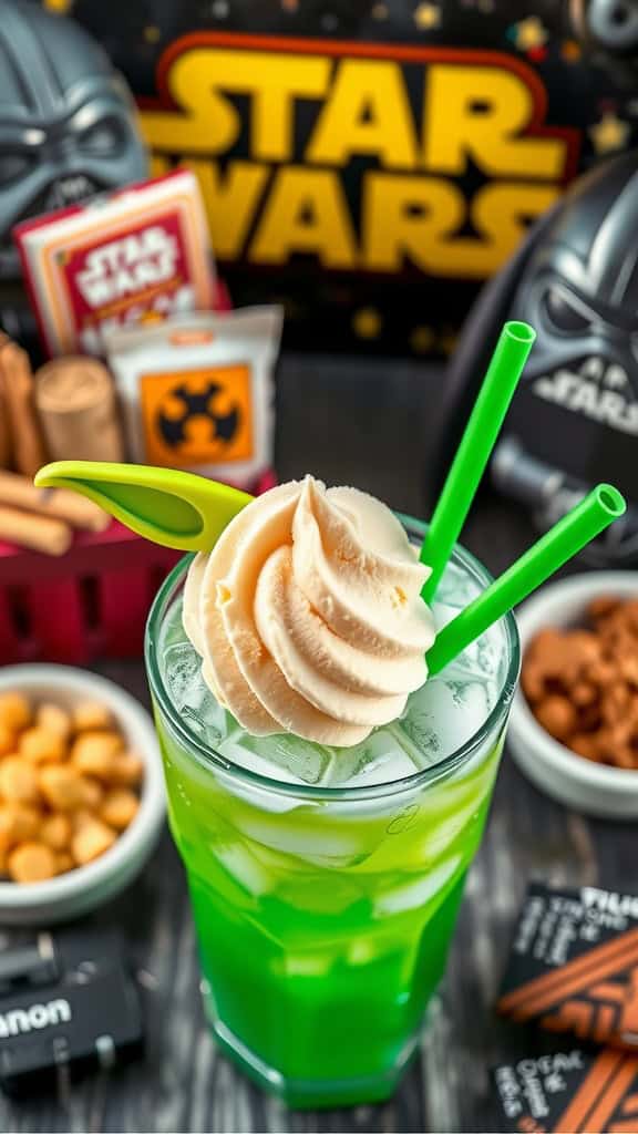 A delicious Yoda Soda Float with ice cream and green soda in a glass