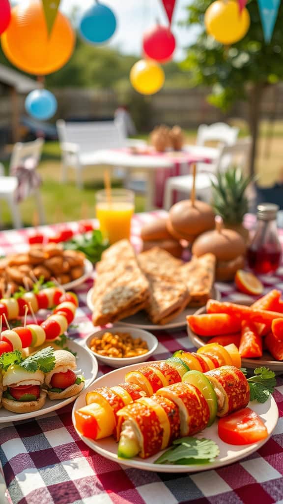 Colorful veggie skewers on a table for a summer gathering.