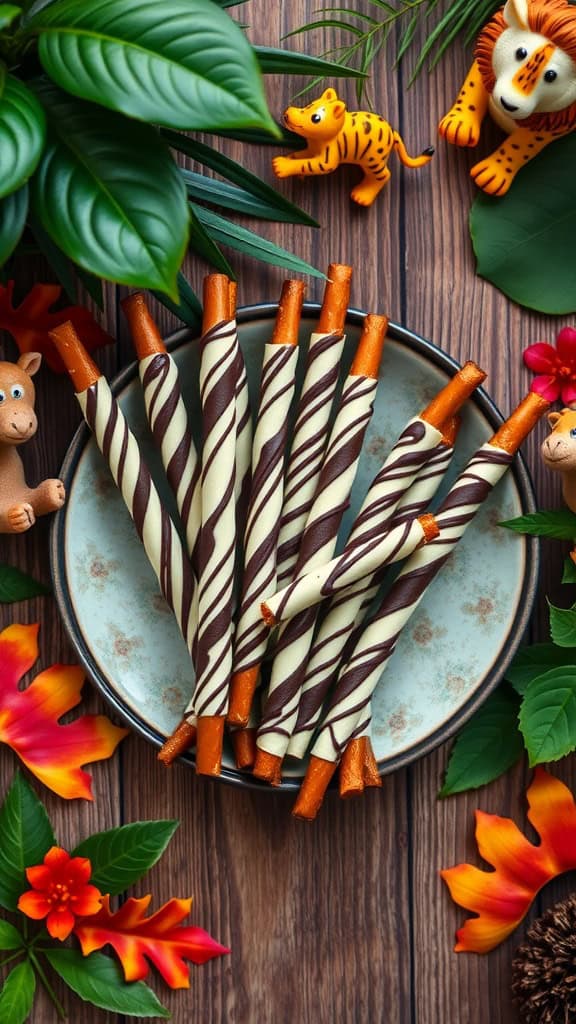 A plate of zebra pretzel sticks with white and dark chocolate stripes, perfect for a jungle-themed party.