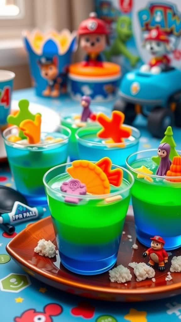 Colorful jello cups with ocean-themed gummy candies for a Paw Patrol party.